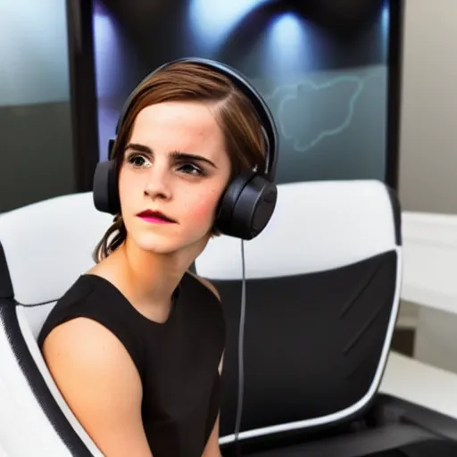 Prompt: emma watson wearing a gaming headset photo sitting on gaming chair stock photo