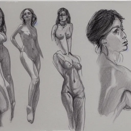 Prompt: sketch of a beautiful woman, multiple sketches on a page, life drawing