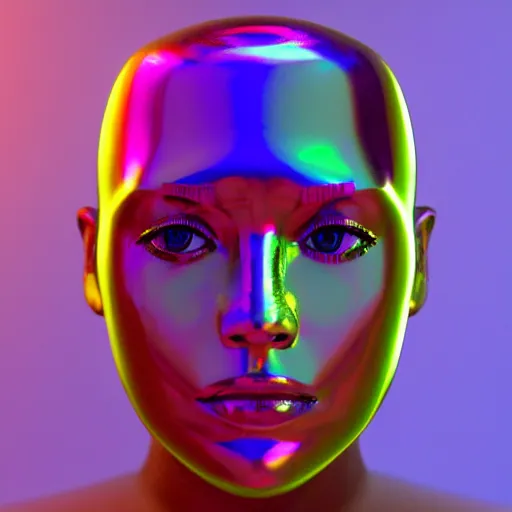 Image similar to 3d render of holographic human robotic head made of glossy iridescent, surrealistic 3d illustration of a human face non-binary, non binary model, 3d model human, cryengine, made of holographic texture, holographic material, holographic rainbow, concept of cyborg and artificial intelligence