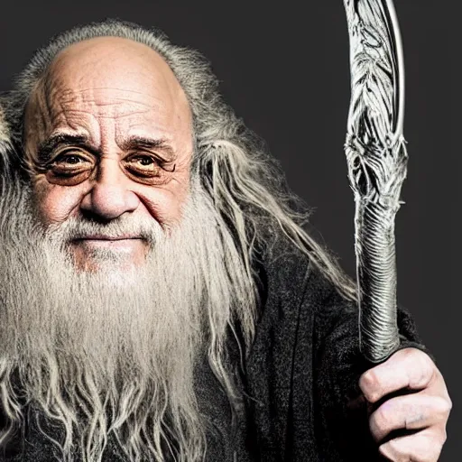 Prompt: danny devito starring as gandalf the white in the 2 0 2 4 lord of the rings movie smoking, full body, hyper realistic, high quality, wide angle