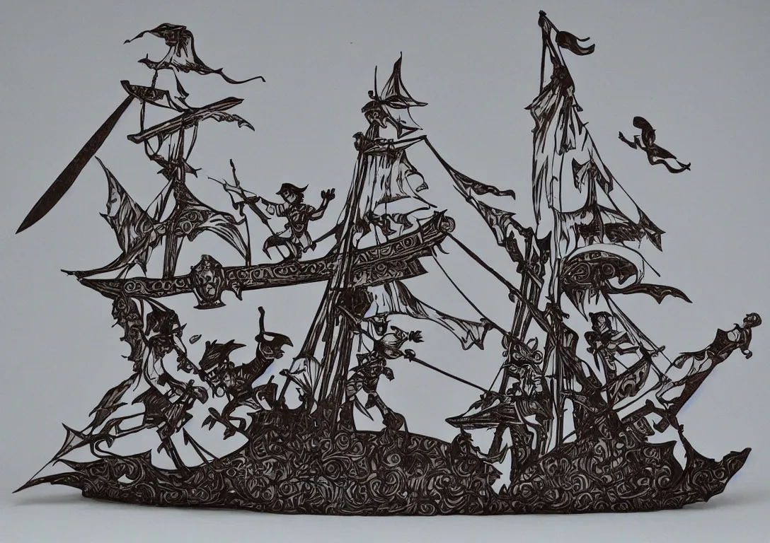 Image similar to a stylized cut paper sculpture of peter pan and captain hook sword fighting on a pirate ship