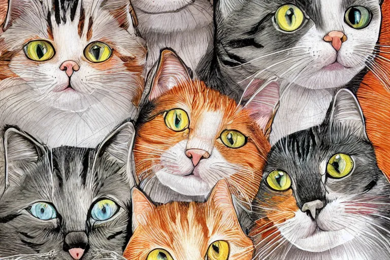 Prompt: beautiful art illustration of a group of happy cats by tony healey, highly detailed
