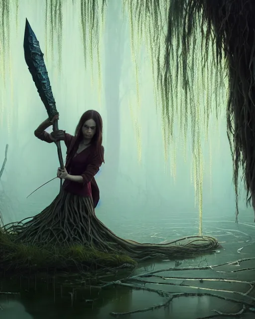 Image similar to highly detailed surreal vfx portrait of a cursed dagger in a shadowy swamp by a willow tree, stephen bliss, unreal engine, greg rutkowski, loish, rhads, beeple, makoto shinkai and lois van baarle, ilya kuvshinov, rossdraws, tom bagshaw, alphonse mucha, global illumination, detailed and intricate environment