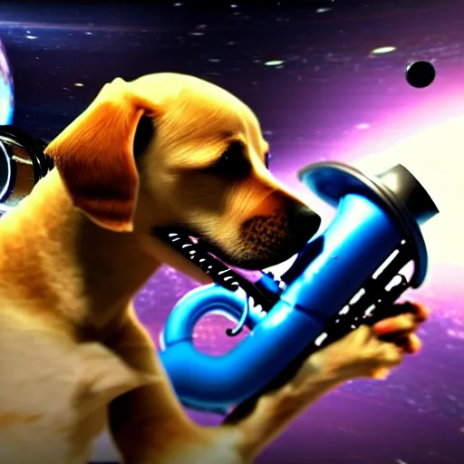 Image similar to t 8 0 0 terminator eating sandwich, hugging a cute puppy while surfing on a saxophone over rings of saturn in space, team fortress 2 sцcreenshot