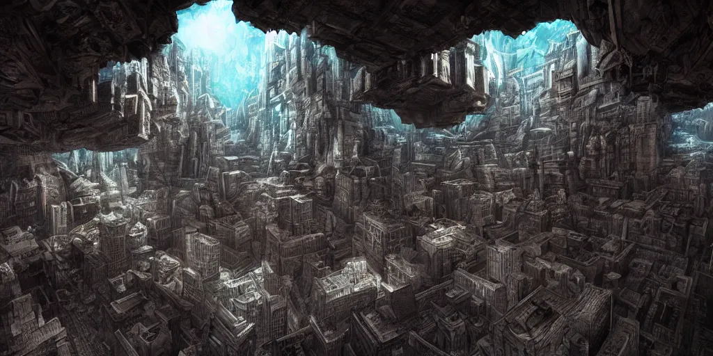 Image similar to inception lovecraft city carved from rock underground another inverted upside down above, in the style of akira, cinematic warm volumetric lighting