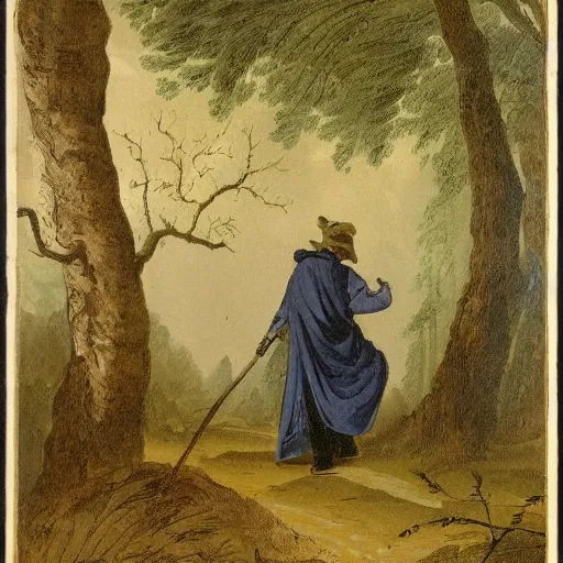 Prompt: a man in a cloak with a staff travelling trough the forest, neo-romanticism