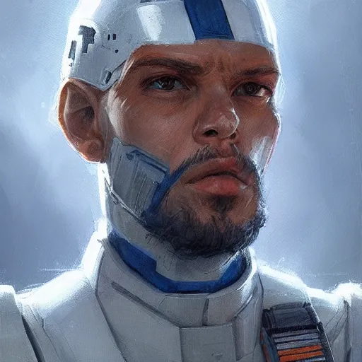 Image similar to portrait of a man by greg rutkowski, a soldier of the new galactic republic, wearing a white, blue and orange tactical gear, star wars expanded universe, highly detailed portrait, digital painting, artstation, concept art, smooth, sharp foccus ilustration, artstation hq