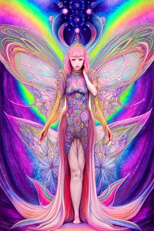 Image similar to the empress, fairy angel, detailed, kaleidoscope, psychedelic, cosmic energy by Kelly McKernan, yoshitaka amano, hiroshi yoshida, moebius, artgerm, cool tone pastel rainbow colors, inspired by dnd, iridescent aesthetic, centered symmetrical and detailed