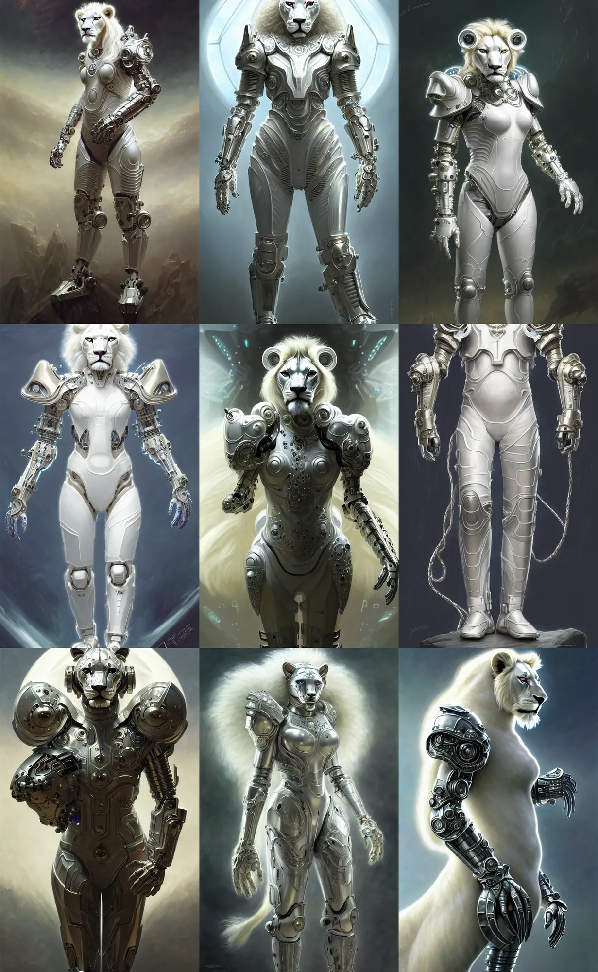 Prompt: a anthropomorphic cyber white lion wearing scifi armor, diffuse lighting, fantasy, intricate, elegant, highly detailed, lifelike, photorealistic, digital painting, artstation, illustration, concept art, smooth, sharp focus, art by john collier and albert aublet and krenz cushart and artem demura and alphonse mucha