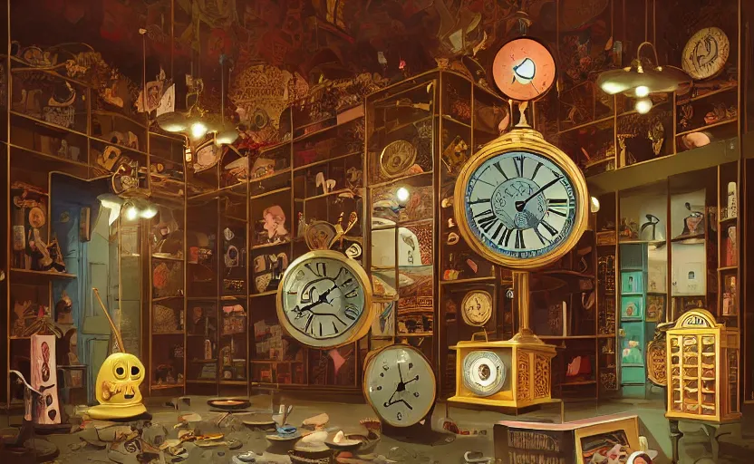 prompthunt: interior of a steampunk clock shop, father time