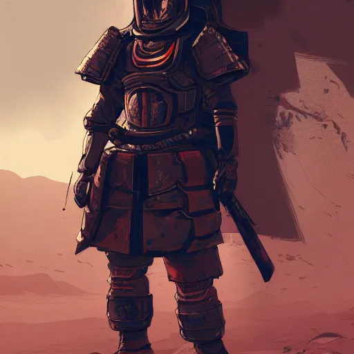 Image similar to an illustration of a worn out samurai that got time travelled to a futuristic colonized Mars, epic landscape, HD digital art, artstation