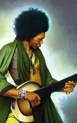 Image similar to character concept portrait of Jimmy Hendrix as wizard enchanting a music rune, a floating guitar in the center, embroidered gold-green robes, intricate, elegant, digital painting, concept art, smooth, sharp focus, illustration, from Metal Gear, by Ruan Jia and Mandy Jurgens and William-Adolphe Bouguereau, Artgerm