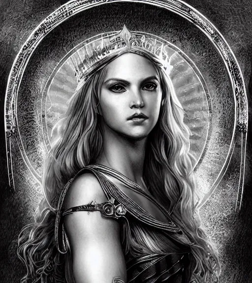 Image similar to portrait of very beautiful aphrodite goddess as an archer, arrow crown, beautiful piercing eyes, flowing blonde hair, realistic face, black and white drawing, in the style of greg rutkowski, fantasy, amazing detail, epic, intricate, elegant, smooth, sharp focus