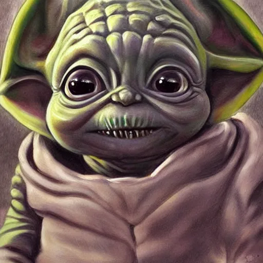 Image similar to detailed painting of a cute baby yoda that looks like a xenomorph, in the style of h r giger and wayne barlowe