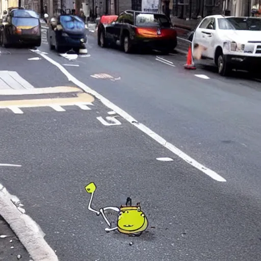 Prompt: SpongeBob round pants got hit by a car