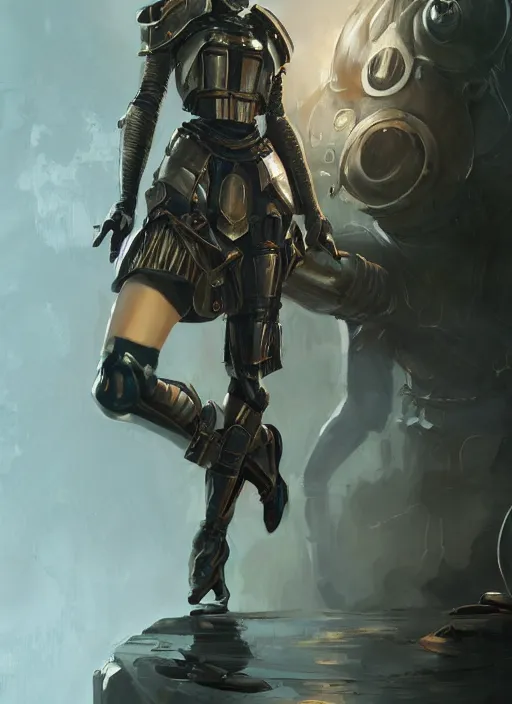 Image similar to a professional painting of a beautiful young female fashion model, dressed in military armor, olive skin, long dark hair, beautiful bone structure, symmetrical facial features, intricate, elegant, digital painting, concept art, smooth, sharp focus, illustration, from Bioshock, by Ruan Jia and Mandy Jurgens and Artgerm and William-Adolphe Bouguerea