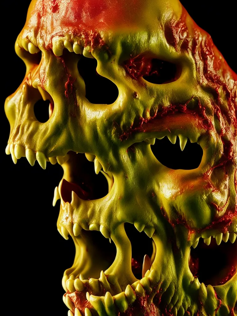 Prompt: hyperrealistic subsurface scattering rendering, fat smooth wet cronenberg flesh monster smooth skull and ribcages kaiju by art of skinner and richard corben and jeff easley, product photography, action figure, sofubi, studio lighting, colored gels