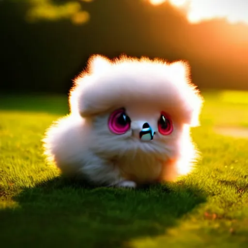 Image similar to real life pokemon, cute!!!, content!!!, mischievous!!!, adorable!!!, fluffy!!!, ultra realistic!!!, golden hour, wide shot, sharp focus