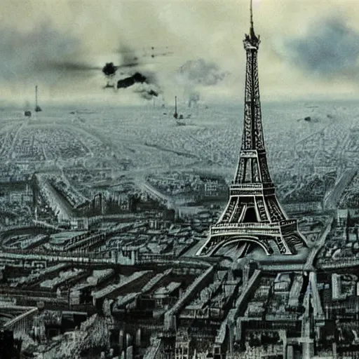 Prompt: The city of Paris, France during WW3 (2103), very detailed, cinematic, epic, grandiose, art by HG Giger