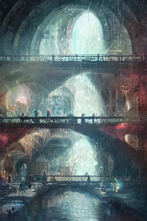 Image similar to An urban train rides inside of a waterway on a fantasy city, next to a fountain and a mystical palace,, waterfall, intricate, elegant, volumetric lighting, digital painting, highly detailed, artstation, sharp focus, illustration, concept art, ruan jia, steve mccurry