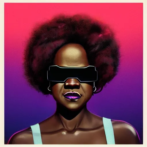 Prompt: viola davis wearing opaque reflective goggles profile picture by Greg Rutkowski, brown skin, long afro hair, asymmetrical, futuristic, neon volumetric lights, cool colors, streetwear, studio ghibli, Organic Painting , Matte Painting, geometric shapes, hard edges, street art, trending on the artstation, fantasy LUT, realistic by Sachin Teng + Martin Grip + Moebius, techwear, Industrial Scifi, detailed illustration, character portrait,