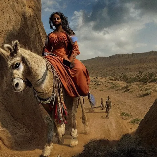 Prompt: a woman’s face and body. Woman is riding a donkey down a ravine in a post-apocalyptic desert. The woman is dark-skinned. Regina king, Selma Hayek. Dutch masters. Beautiful and epic. Incredible detail. Sunset