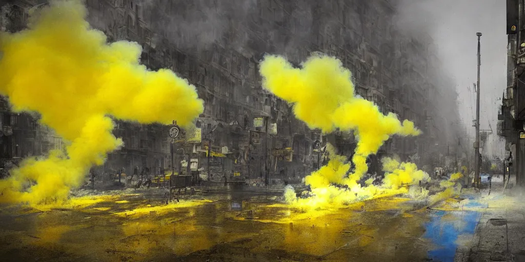 Image similar to kiev city streets covered in yellow and blue smoke, by jeremy mann, by kim keever