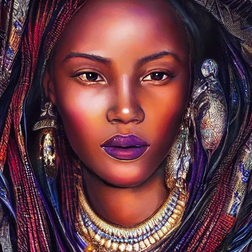 Image similar to A masterpiece portrait of a Incredibly beautiful African girl model in European barocco dress. rich jewelry. In Elizabeth\'s Queen\'s crown. Vogue. trending on artstation, digital art, by Stanley Artgerm Lau, WLOP, Rossdraws, James Jean, Andrei Riabovitchev, Marc Simonetti, Yoshitaka Amano