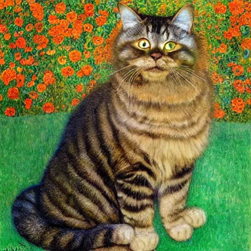 Image similar to portrait of a very fluffy dark tabby cat with green eyes, looking at the moon, full body, smiling cat, golden colors, flowers, canned cat food, intricate, elegant, highly detailed, smooth, sharp focus, illustration, art by gustav klimt