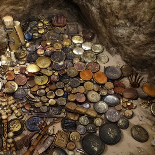 Image similar to a pirate's treasure hoard, hidden in a cave