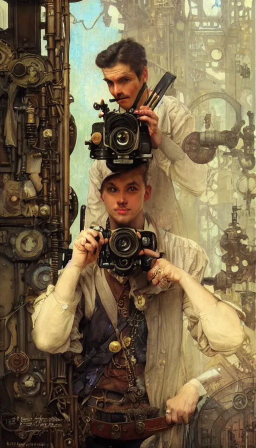 Image similar to hyper realistic photographer looking through camera towards viewer, magical, steampunk, painted by james gurney, norman rockwell, tom bagshaw, mucha, gaston bussiere, craig mullins, j. c. leyendecker 8 k