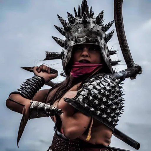 Prompt: full shot photo of a female warrior with spiky armour holding medieval flail