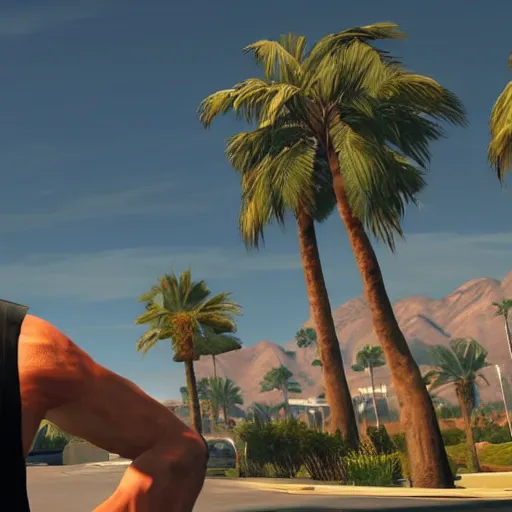 Image similar to Captain Jean Luc Picard in GTA V. Los Santos in the background, palm trees. In the art style of Stephen Bliss.