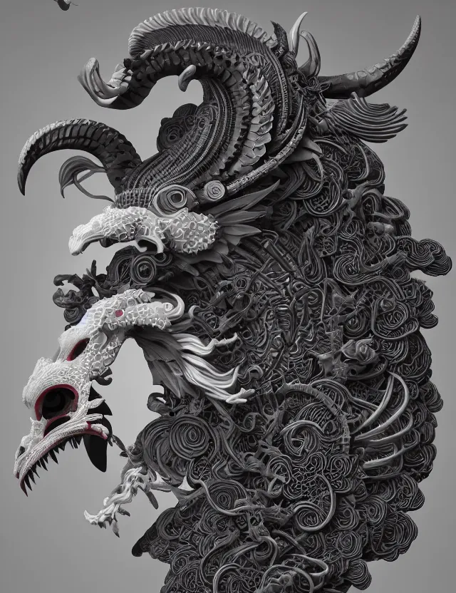 Image similar to 3 d goddess close - up profile portrait of satanic with ram skull. beautiful intricately detailed japanese crow kitsune mask and clasical japanese kimono. betta fish, jellyfish phoenix, bio luminescent, plasma, ice, water, wind, creature, artwork by tooth wu and wlop and beeple and greg rutkowski