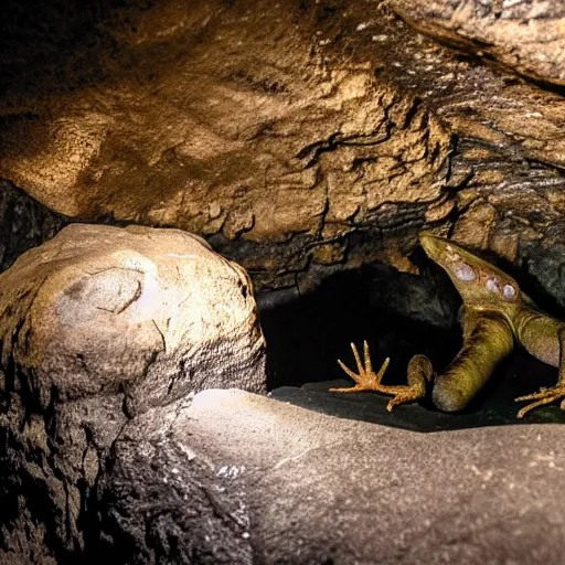 Image similar to photo inside a cavern of a scary wet lizard humanoid partially hidden behind a rock watching a tourist