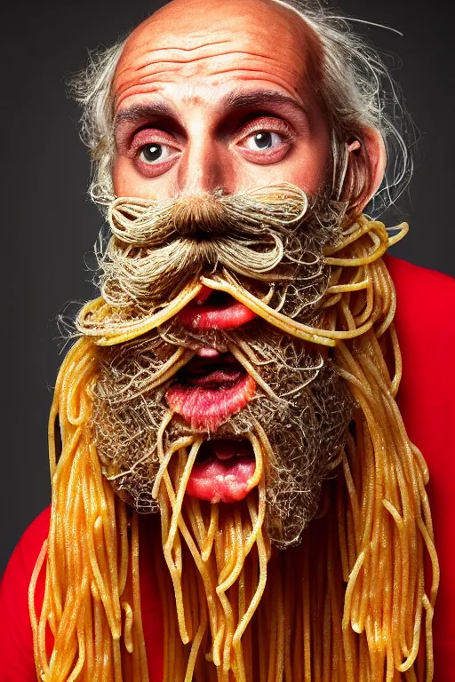 Image similar to extremely detailed portrait of old italian cook, spaghetti mustache, slurping spaghetti, spaghetti in the nostrils, spaghetti hair, spaghetti beard, huge surprised eyes, shocked expression, scarf made from spaghetti, full frame, award winning photo by david lachapelle