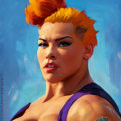 Prompt: greg manchess portrait of thick muscular weightlifter zarya from overwatch with ponytail, medium shot, asymmetrical, profile picture, organic painting, sunny day, matte painting, bold shapes, hard edges, street art, trending on artstation, by huang guangjian and gil elvgren and sachin teng