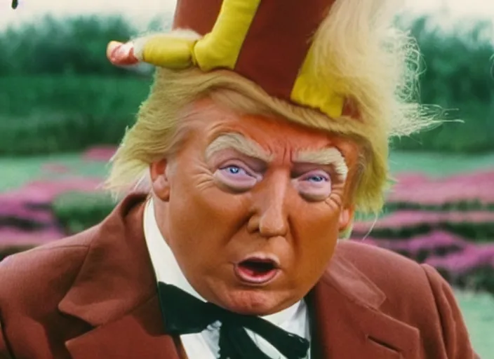 Image similar to film still of Donald Trump as a oompa loompa in Willy Wonka's and the Chocolate Factory 1971