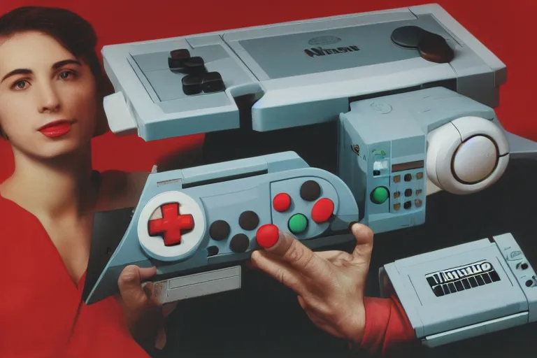 Prompt: The Nintendo Entertainment Cyborg, product photography, 1986