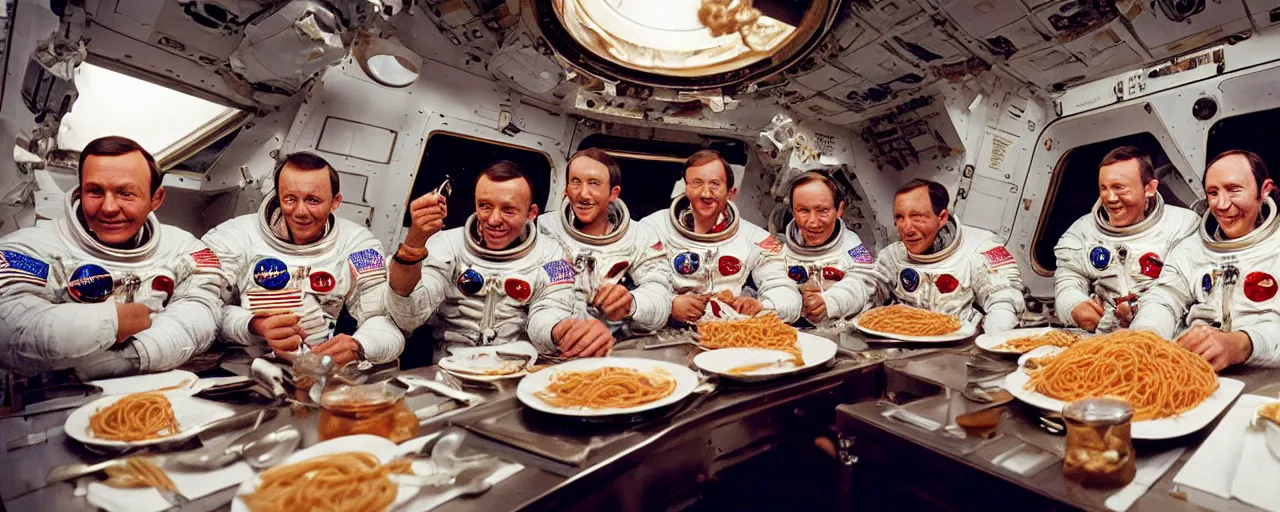 Image similar to apollo 1 1 astronauts eating spaghetti in space, ultra - realistic faces, fine detail, anon 5 0 mm, in the style of diane arbus, in the style of wes anderson, kodachrome, retro