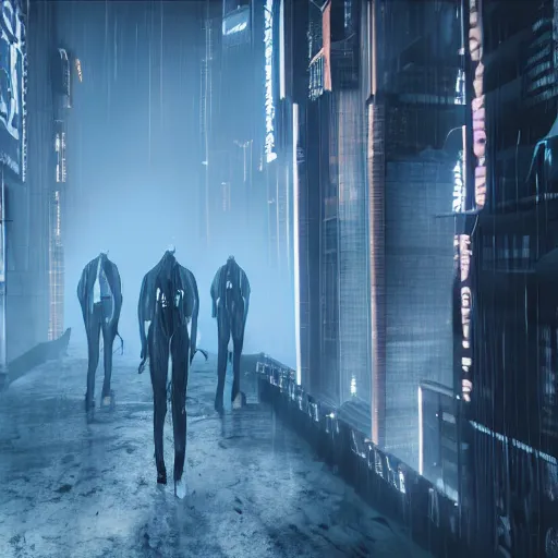 Image similar to illustration of rows of limp humans hanging like clothing in an ice box, rolling fog, cyberpunk, dystopian, dramatic lighting, unreal engine 5