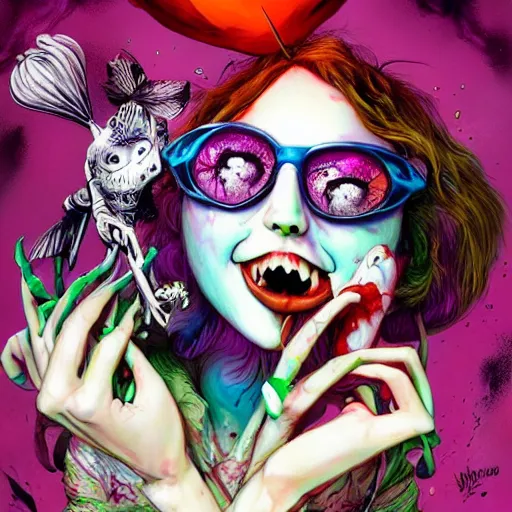 Prompt: Beautiful Fear and Loathing in Wonderland fantasy art by Alex Pardee and Nekro and Artgerm, unstirred paint, vivid color, cgsociety 4K