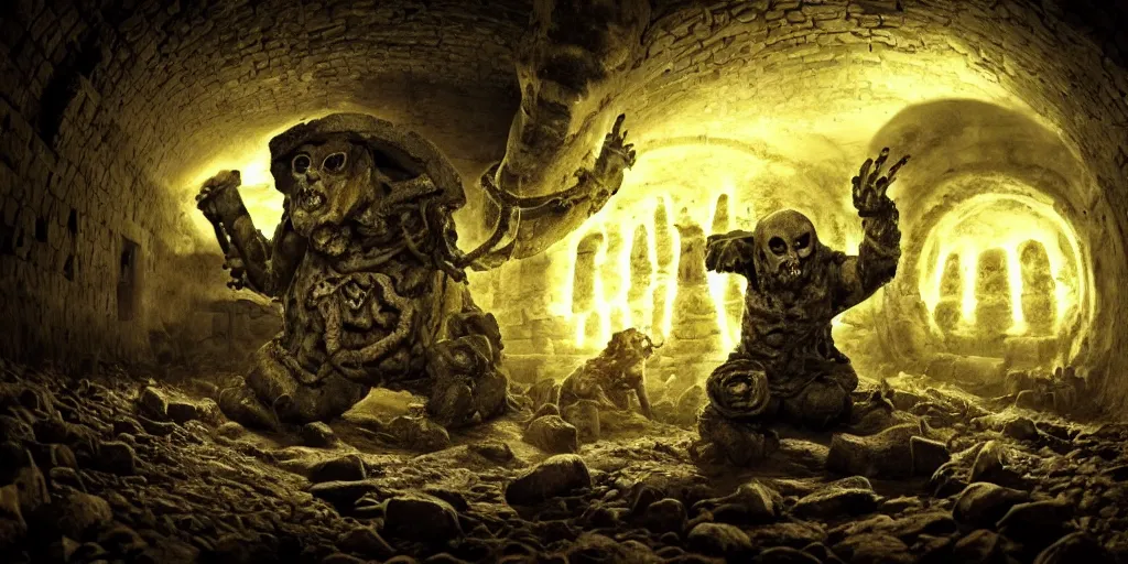 Prompt: ancient catacombs, dark fantasy, sigils, runes, magic, wizard fighting a golem, composition accidental renaissance golden ratio, cinematic, graffiti art, scifi, fantasy, hyper detailed, octane render, ue 5