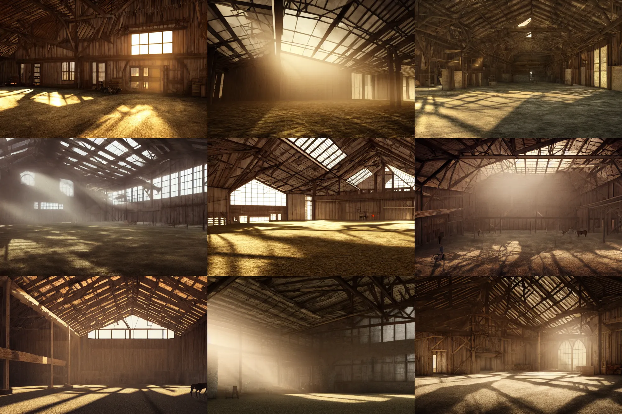 Prompt: inside a large barn, dramatic lighting, sunlight, cinematic, photorealistic, artstation hd