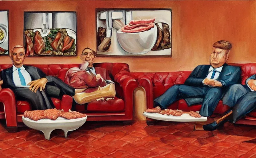 Prompt: realistic painting of couch made out of meat, business men sitting on couch made out of meat and talking, meat couch, meat couch,