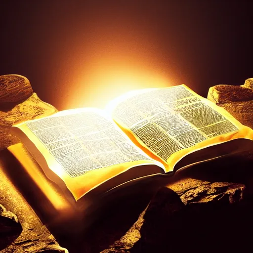 Prompt: photorealistic Bible, on a rock, heavenly light shining onto it, golden light, aura, cgsociety, artstationhq, digital art, detailed