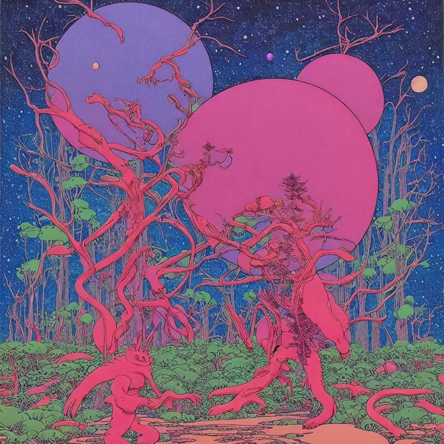 Prompt: ( ( ( ( ( forest and cute creatures on a mysterious planet ) ) ) ) ) by mœbius!!!!!!!!!!!!!!!!!!!!!!!!!!!, overdetailed art, colorful, record jacket