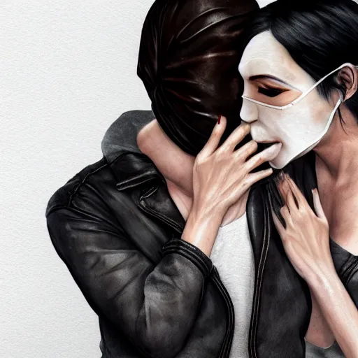 Prompt: Hot young woman, grey skin, void eyeballs, tattoos, wearing a leather jacket, hugging a shrouded and phantom masked person as they cry on her chest, comforting, touching, wholesome, digital art, concept art, unreal engine 5, watercolour, big sister, little brother, realistic, 4k, 8k