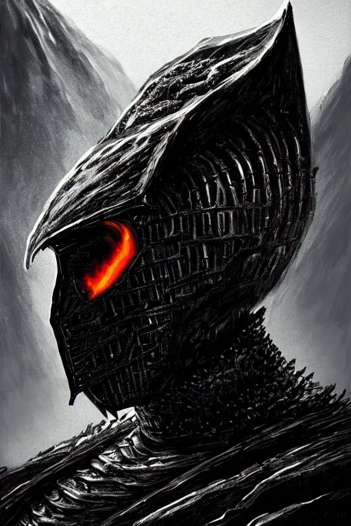 Image similar to hyper-realistic portrait of the King of the mountains, medieval dark knight in black armour, dark environent, magma and lava, throne of lava, dark mountain environment, horrifying, D&D, fantasy, intricate, cinematic lighting, highly detailed, digital painting, artstation, concept art, smooth, photorealistic, cinematic wallpaper, art by Artgerm and Greg Rutkowski and Alphonse Mucha