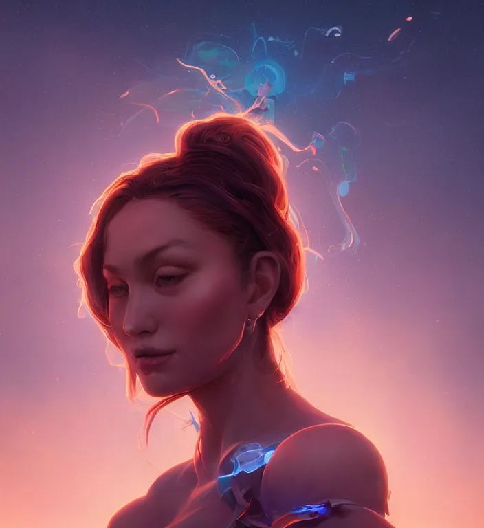 Prompt: centered waist up portrait photography an angel + glowing outlines, bokeh + DOF + 8k, photorealistic + rendered in unreal engine + composition by Peter Mohrbacher + line work by Dan Mumford , ultra realistic + backlit + strong rimlight, sunset + HDRI, HD, Photoreal